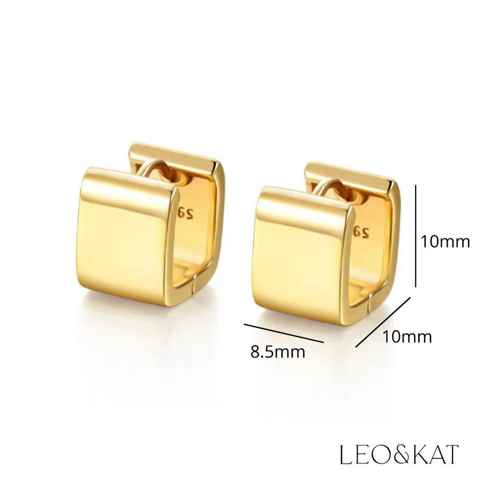Extra Chunky Gold Square Huggie Earrings.  925 Sterling Silver. #1057 - Picture 4 of 7